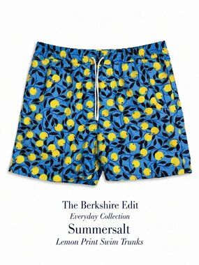 Summersalt Blue Lemon Print Swim Trunks Elastic Waist Drawstring Men's M